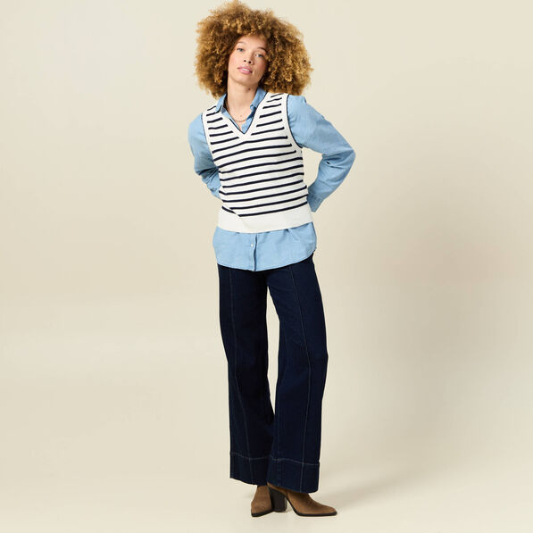 Pull sans manches col en V ecru femme