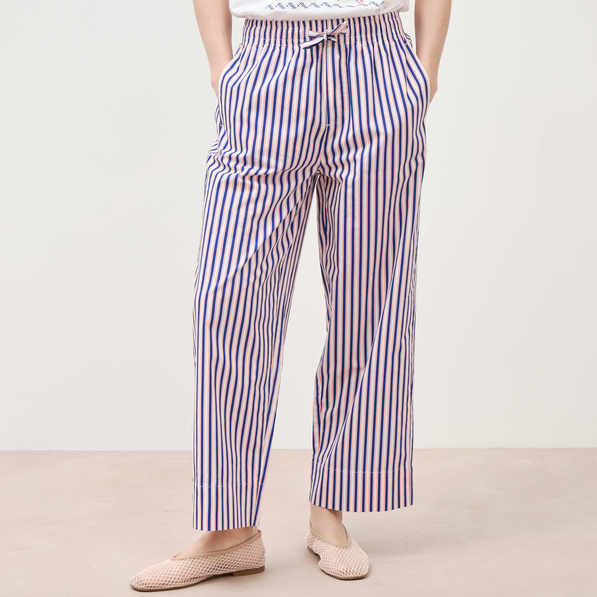 Pantalon large taille haute en coton blanc femme