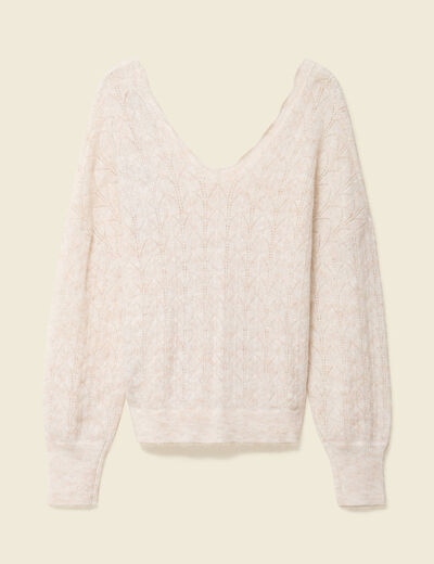Gilet ajour&eacute; col V manches longues ecru femme