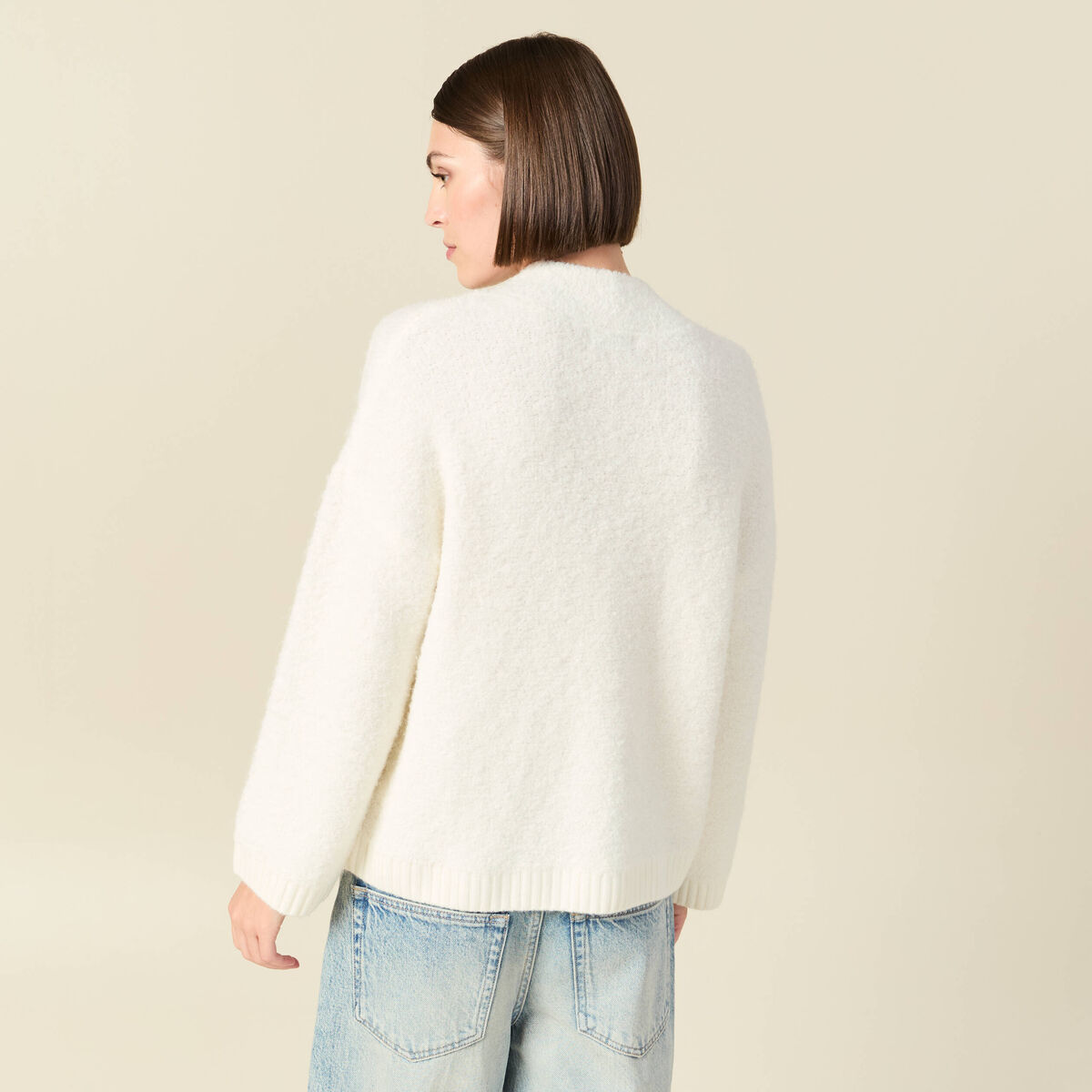 Pull manches longues col montant ivoire femme
