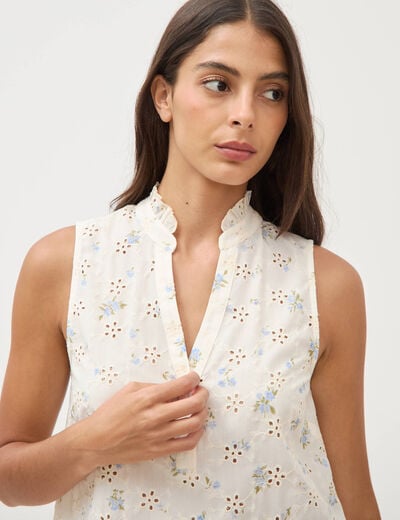 Blouse droite sans manches col montant bleu femme