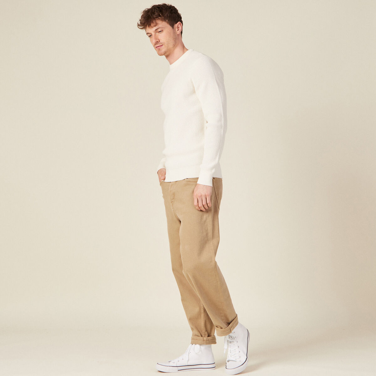 Pull manches longues col rond ecru homme