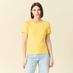T-shirt manches courtes côtelé jaune femme