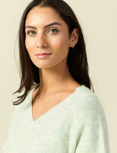 Pull col v manches 3/4 vert femme