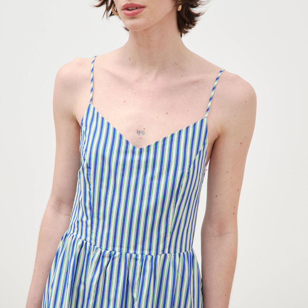 Robe bretelle col c&oelig;ur en coton bleu femme