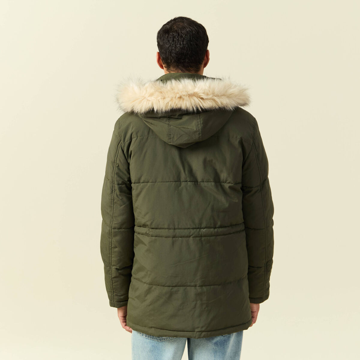 Parka longue droite &agrave; capuche vert kaki homme