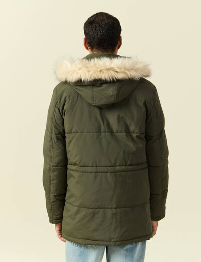 Parka longue droite &agrave; capuche vert kaki homme