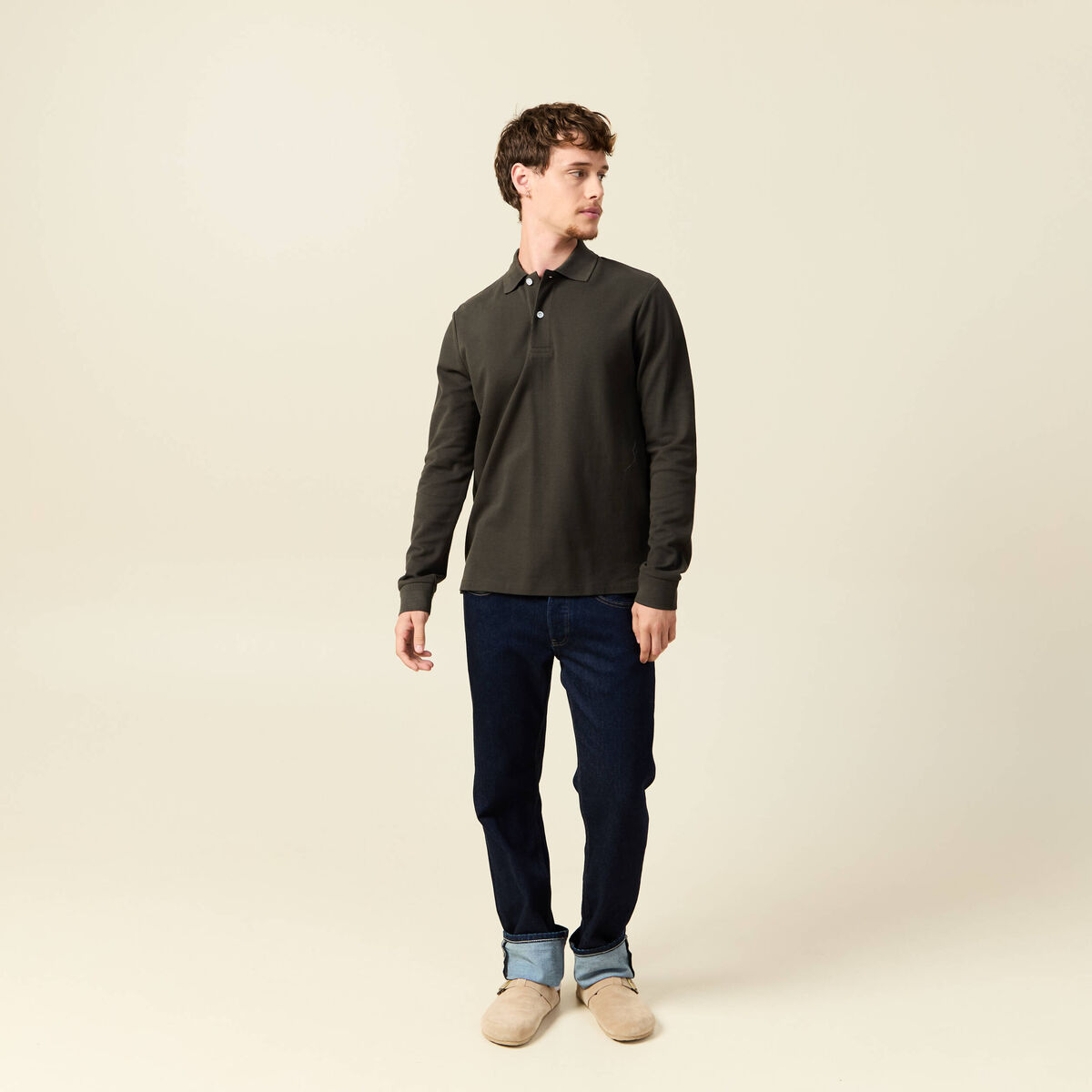 Polo manches longues en coton vert kaki homme