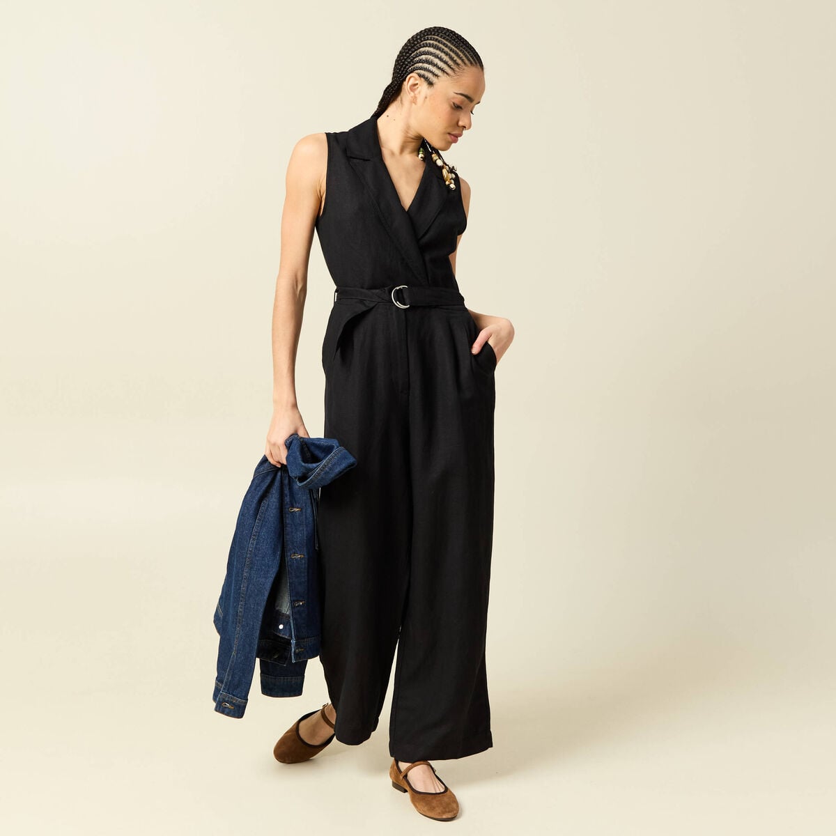 Combinaison salopette sans manches noir femme