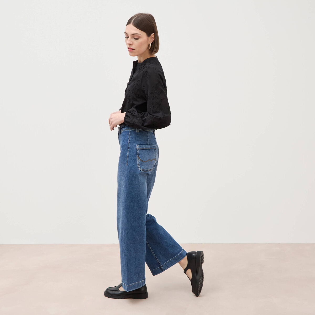 Jeans large taille haute denim stone femme