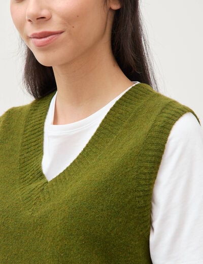 Pull sans manches col en V vert kaki femme