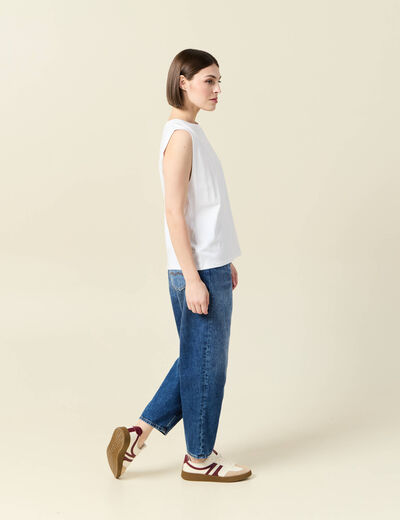T-shirt col rond sans manches en coton blanc femme