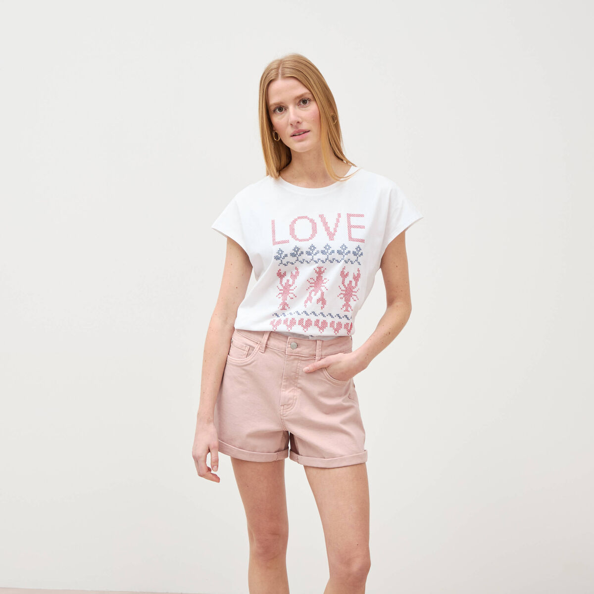 Short mom taille haute rose clair femme