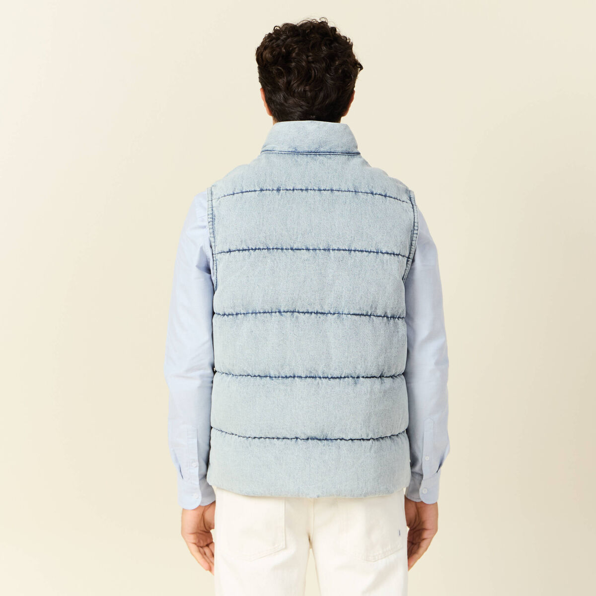 Doudoune sans manches en jean denim bleach homme