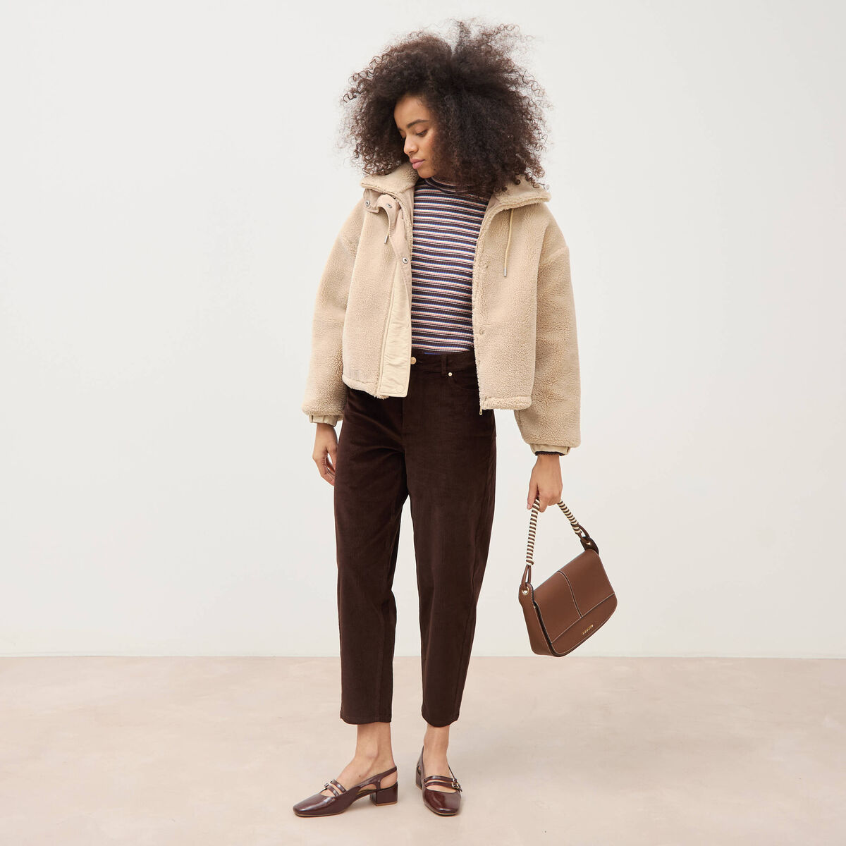 Veste oversize effet polaire col montant creme femme