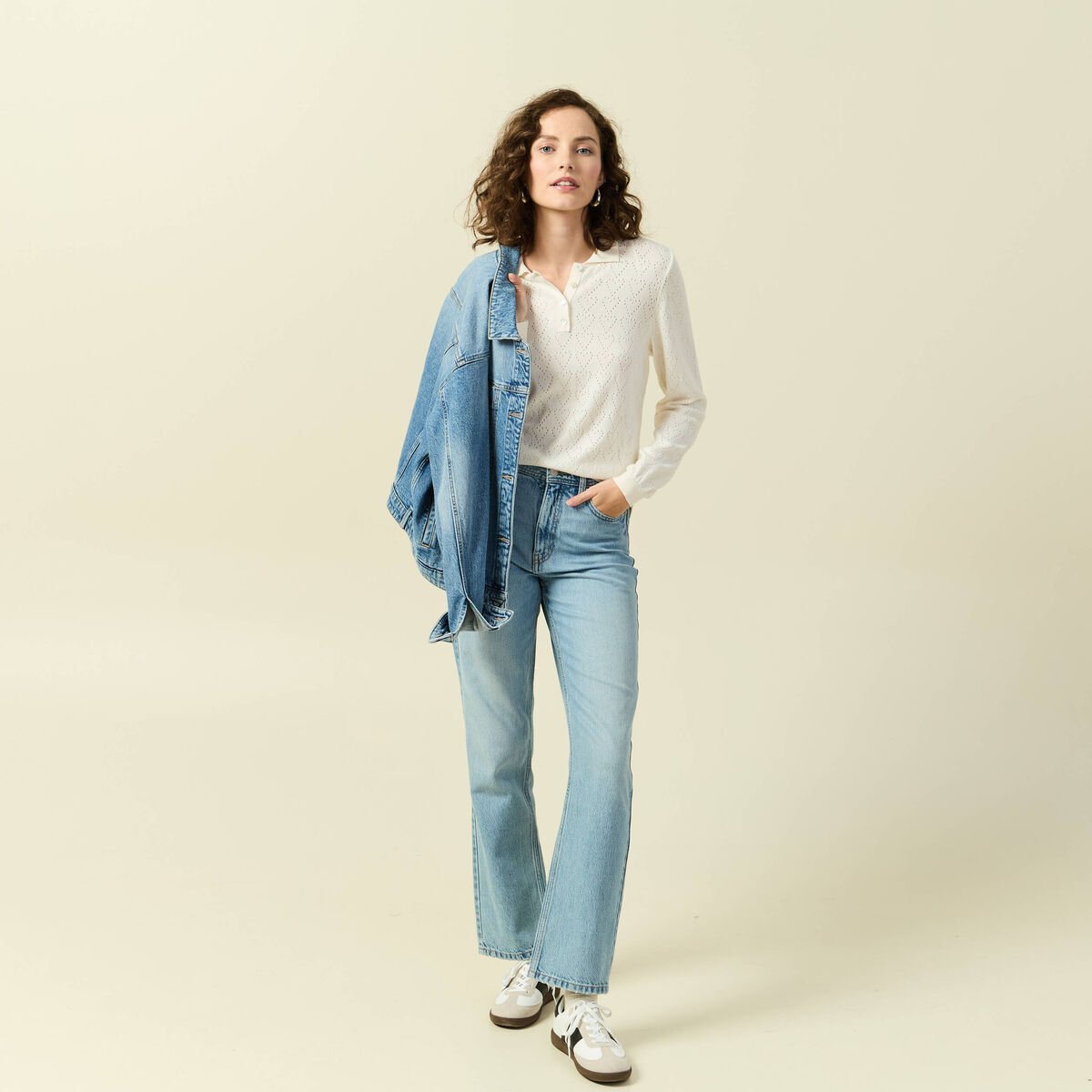 Pull ajour&eacute; manches longues en coton ecru femme