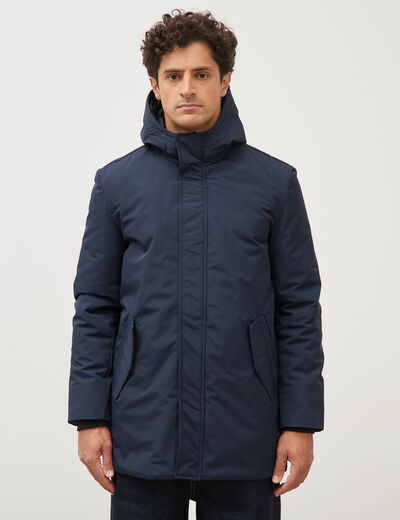 Parka longue droite &agrave; capuche bleu marine homme