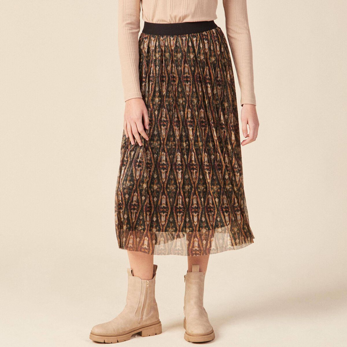 Jupe longue évasée plissée camel femme