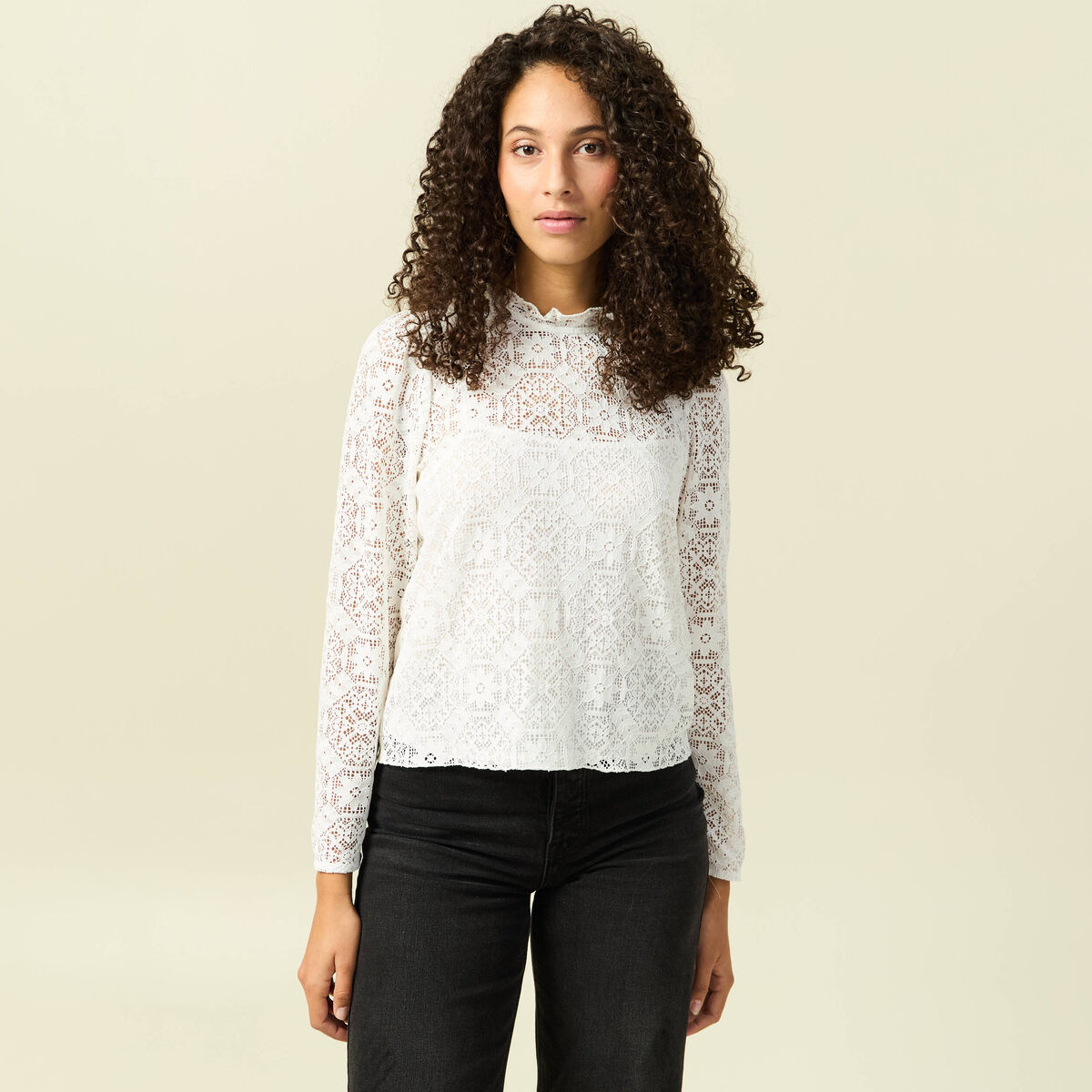 T-shirt droit court manches longues blanc femme
