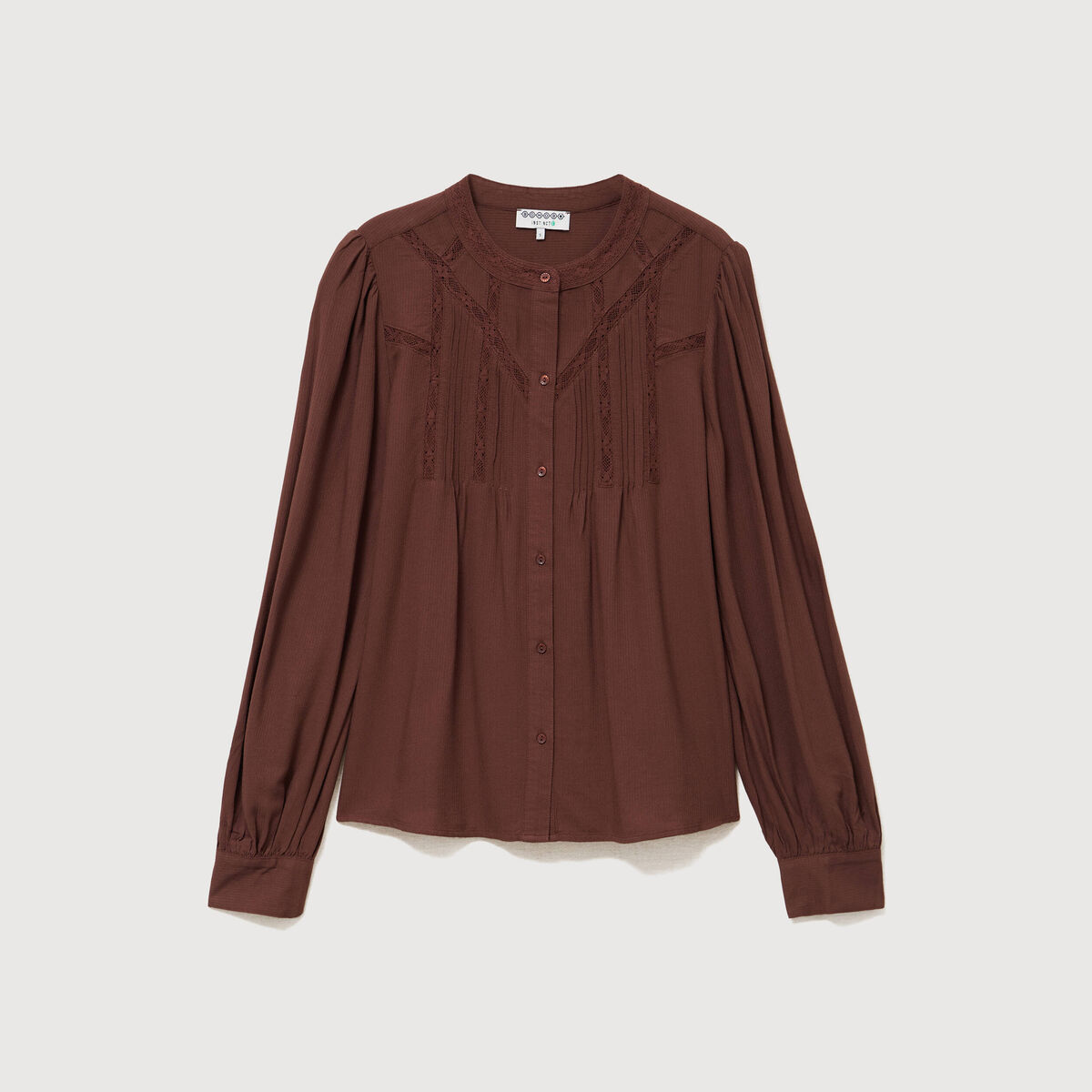 Blouse ajour&eacute;e col rond manches longues marron fonc&eacute; femme