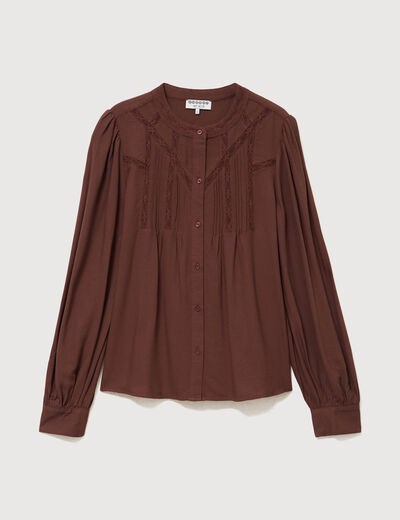 Blouse ajour&eacute;e col rond manches longues marron fonc&eacute; femme