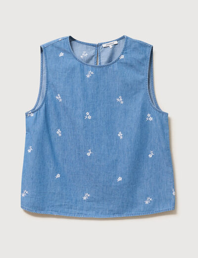 Top en jeans sans manches col rond bleu clair femme