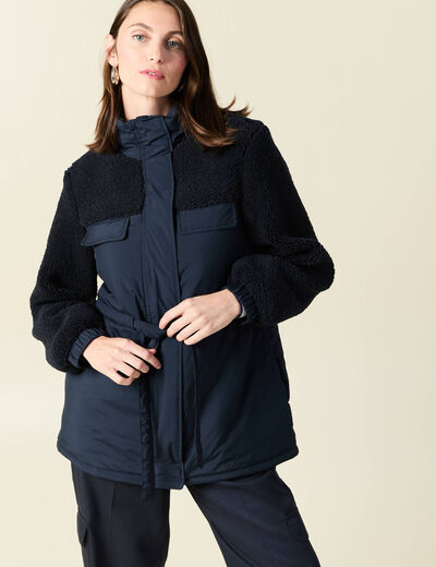 Manteau manches sherpa bleu marine femme