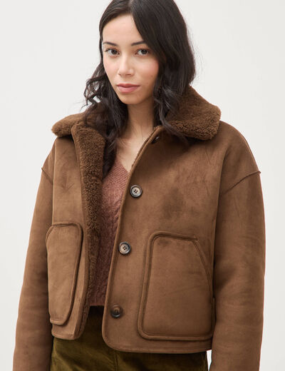 Manteau r&eacute;versible oversize court marron femme