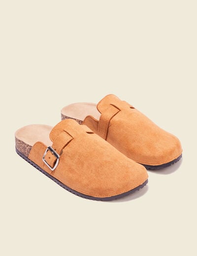 Mules plates su&eacute;dine camel femme