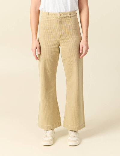 Jeans large ray&eacute; taille haute 7/8&egrave;me beige femme