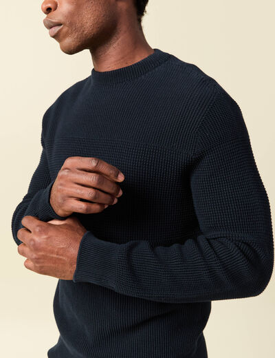 Pull col rond manches longues en coton bleu marine homme