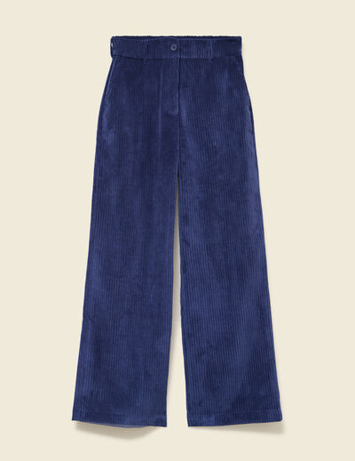Pantalon large taille haute en velours bleu marine femme