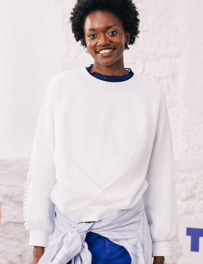 Sweat droit col rond manches longues blanc femme