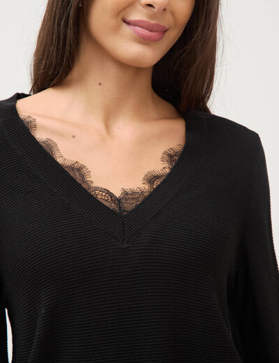 Pull droit col v manches longues noir femme