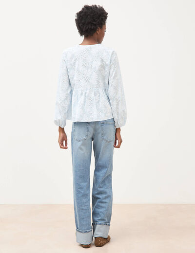 Chemise col v manches longues en coton blanc femme