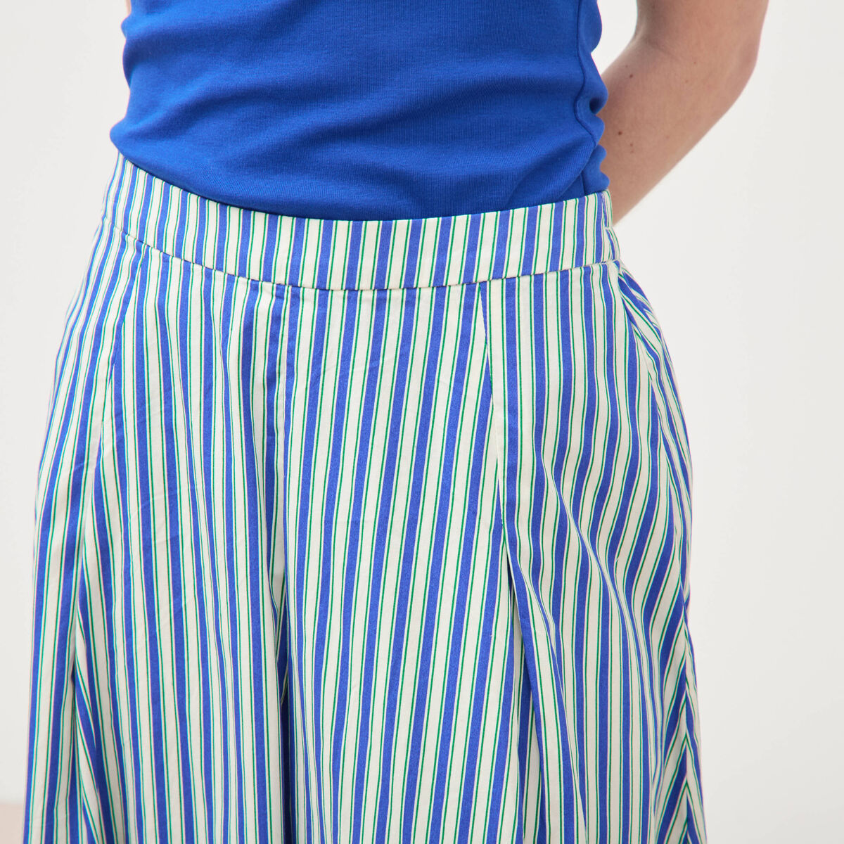 Jupe longue &eacute;vas&eacute;e en coton ray&eacute; bleu femme