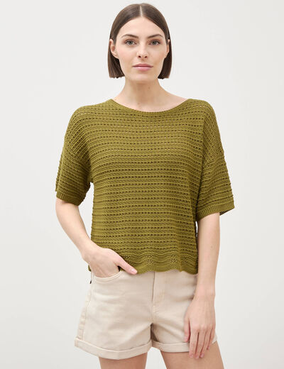 Pull col rond manches courtes vert kaki femme