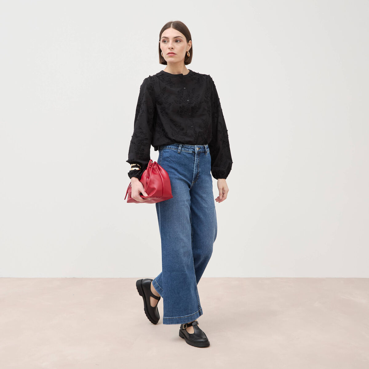 Jeans large taille haute denim stone femme