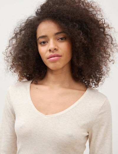 T-shirt cintr&eacute; col v manches longues beige femme
