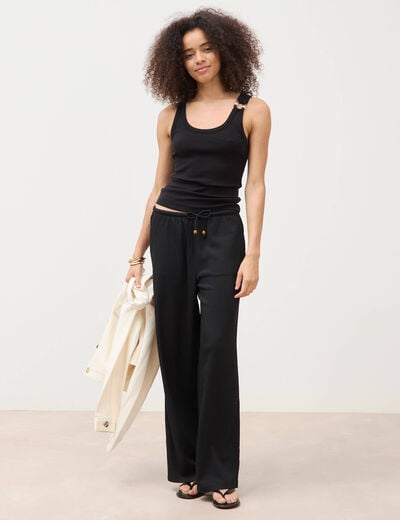 Pantalon large taille haute ceinture noir femme