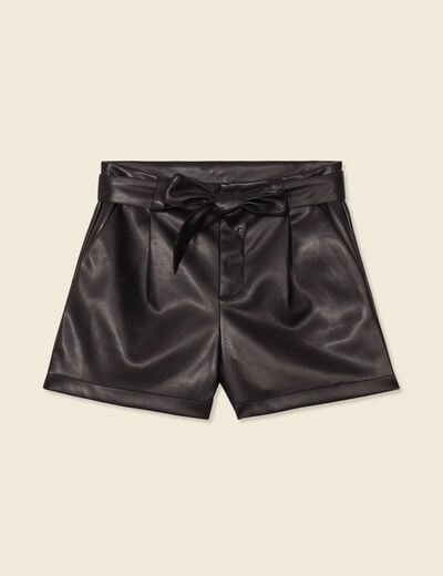 Short similicuir ceinturé noir femme