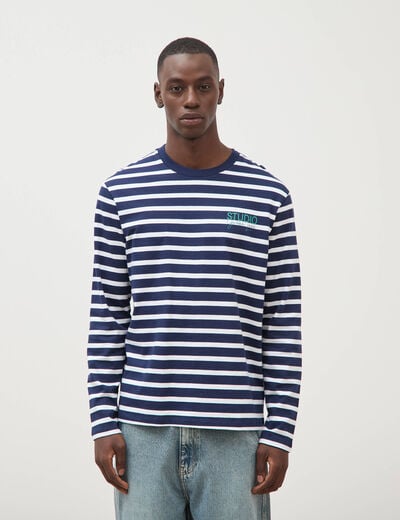 T-shirt ray&eacute; col rond manches longues blanc homme