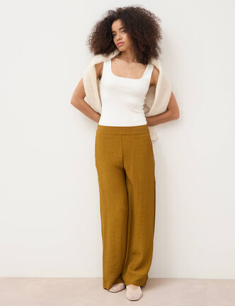 Pantalon large taille haute fluide vert olive femme