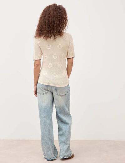 Pull droit court manches courtes ecru femme