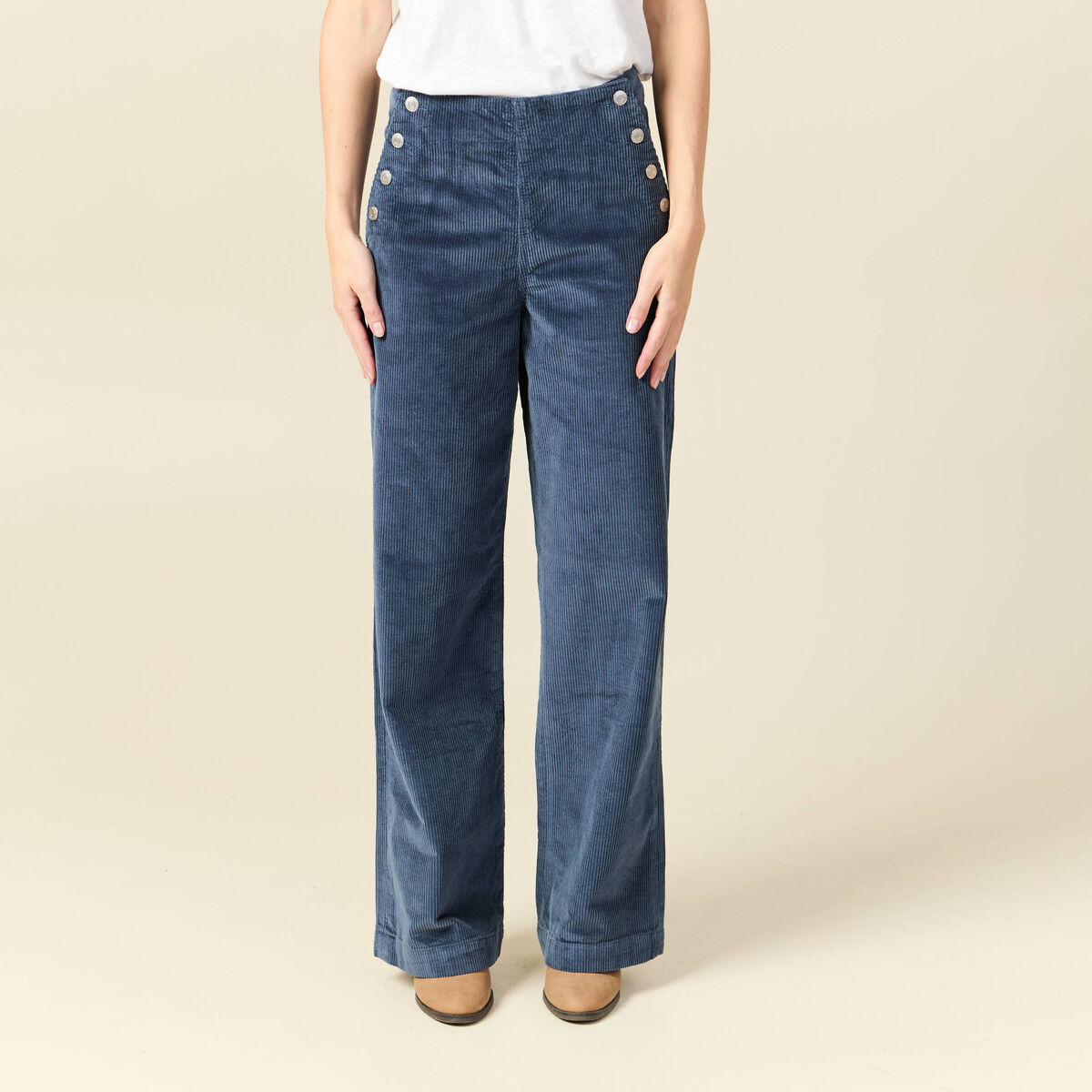 Pantalon large taille haute en velours gris femme