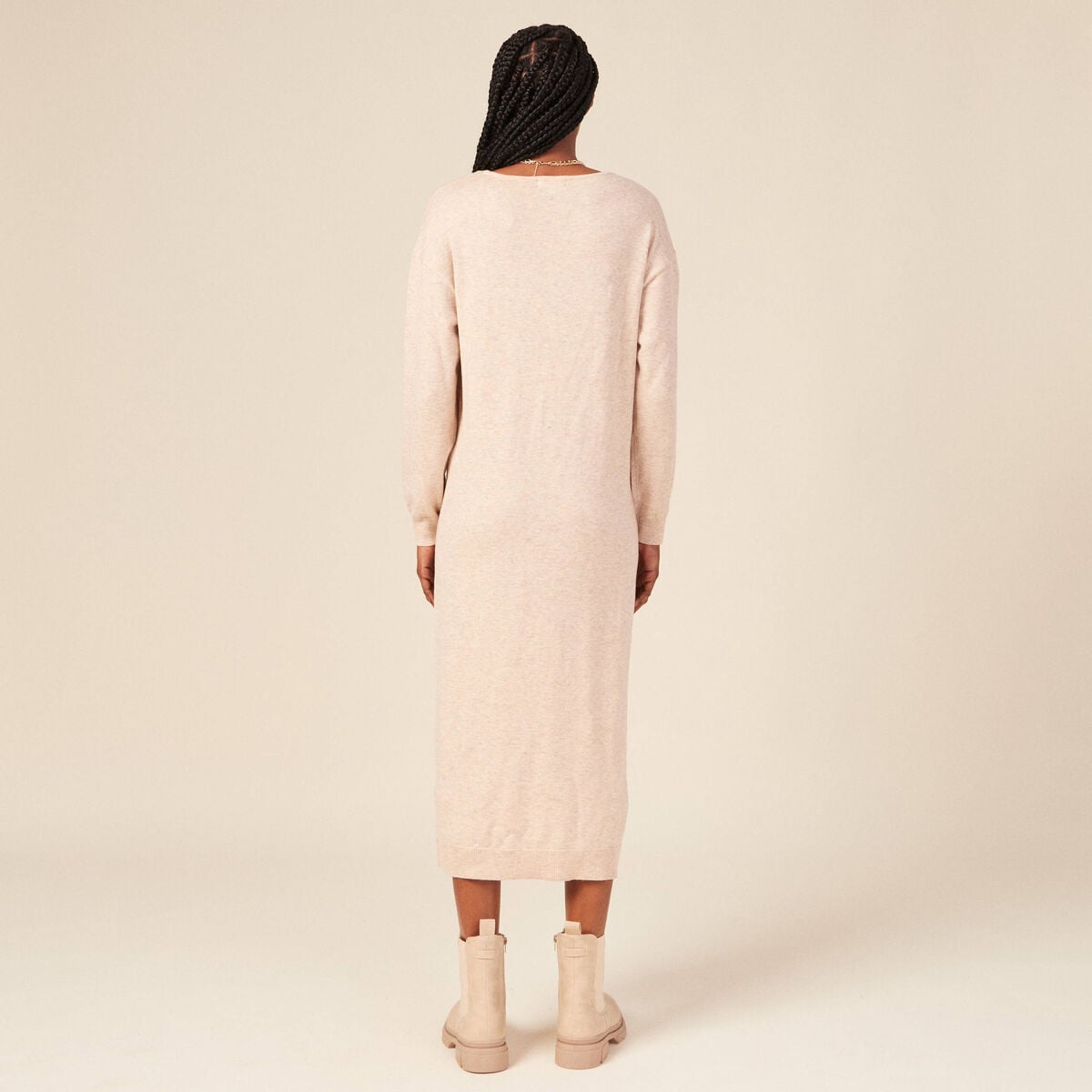 Robe cintr&eacute;e col v manches 3/4 creme femme