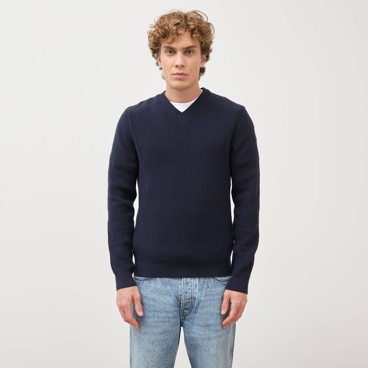 Pull col v manches longues bleu marine homme