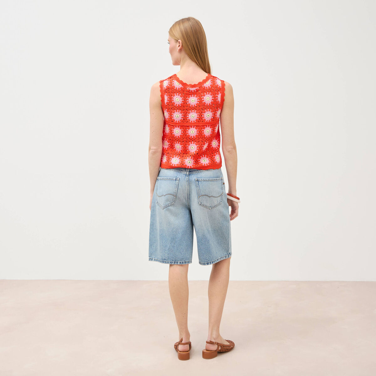 D&eacute;bardeur crochet col rond sans manches orange fonc&eacute; femme