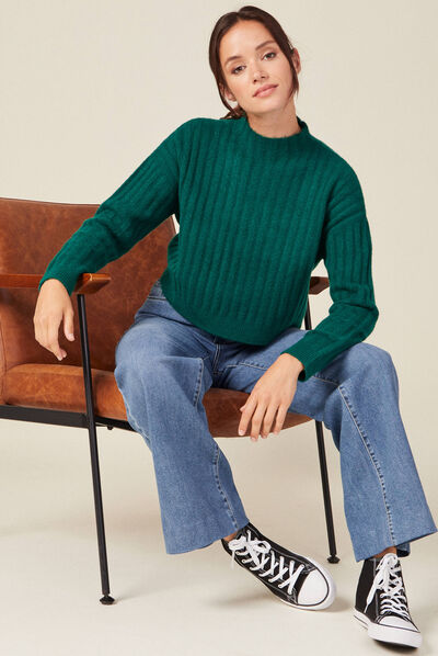 Pull manches longues cropped vert femme