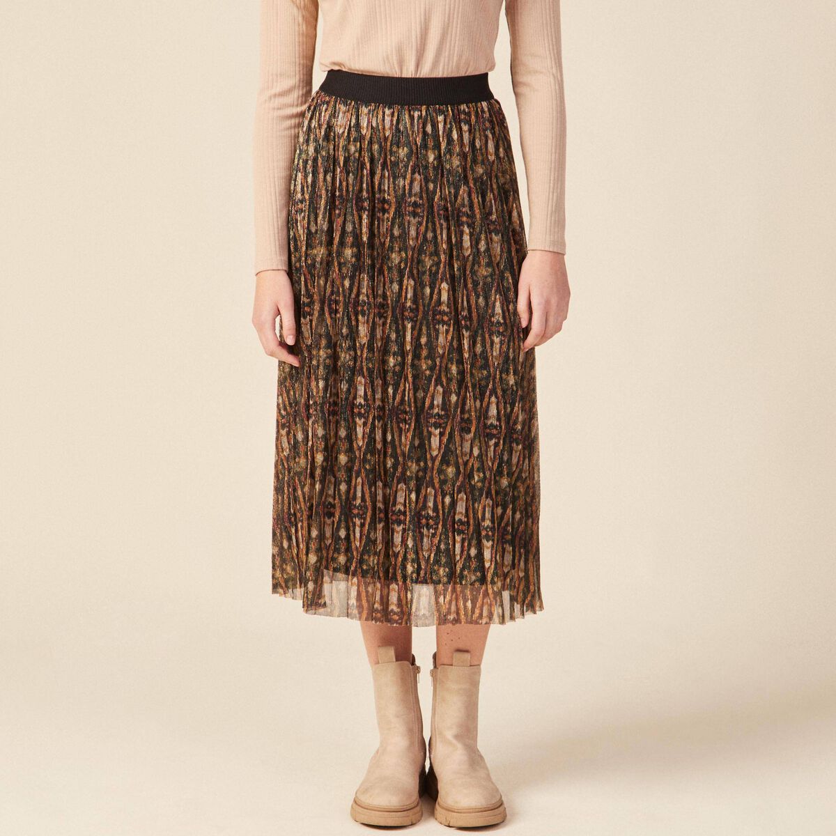 Jupe longue évasée plissée camel femme